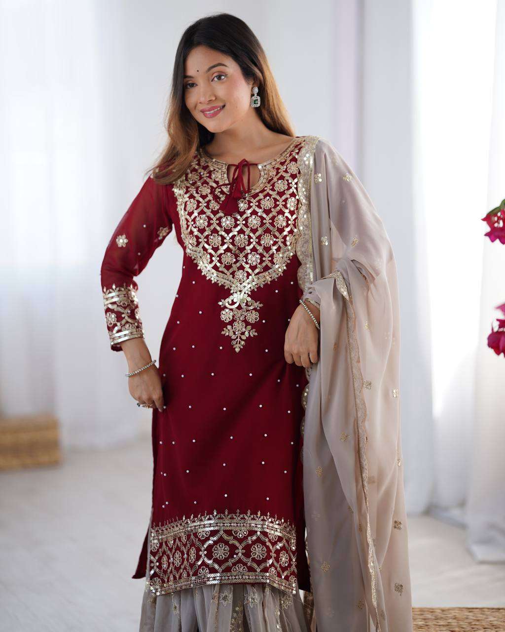 Women's Faux Georgette Sequins Embroidered Straight Kurta With Sharara Suit and Dupatta Set