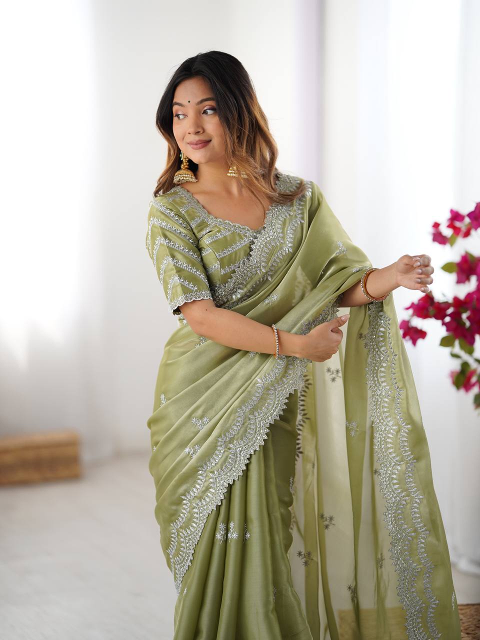 Women's Elegant Regal Purple Georgette Saree with Intricate Silver Thread & Sequin Embroidery – Complete with Embellished Blouse Piece for Festive & Party Wear - Image 17